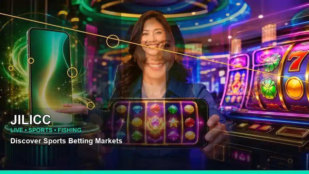 JILICC gold jackpot slot games featuring an adult Filipina casino host with a right close-up composition